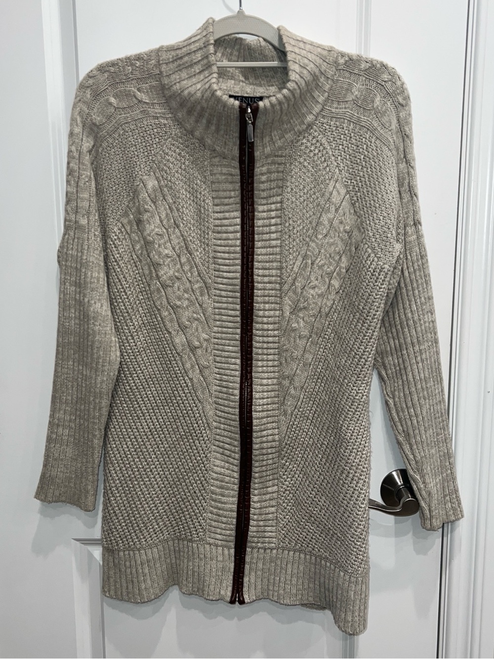 Venus Women’s Med Beige Cable Knit Faux Leather Trim Full Zip Cardigan Sweater
